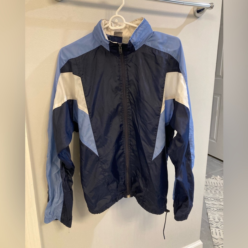 Vintage Nike Zip Up Jacket Windbreaker Blue and White hideable hood size large